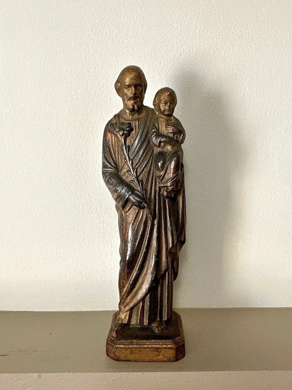 Antique French St Joseph & Infant Jesus Figurine Gilt Metal Non-Magnetic 6”